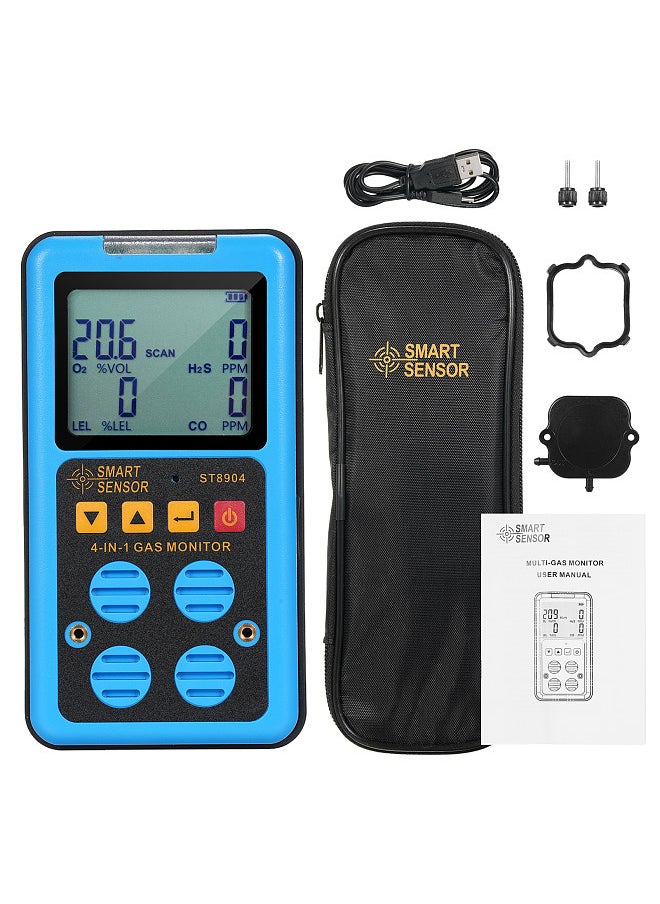 SMART SENSOR - 4 in 1 Gas Monitor Rechargeable Portable Gas Detector H₂S O₂ CO and LEL Multi Gas Monitor Professional Gas Sniffer with LCD Display Sound Vibration Flash Alarm Mode - Image 1