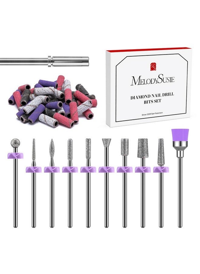 ميلودي سوزي مثاقب أظافر، مجموعة من 10 رؤوس صقل ماسية مع 40 قطعة من أشرطة الصقل الصغيرة (#120#180#240 حبيبات) مع رأس مثقاب 3.1 مم، أداة إزالة طلاء الأظافر الجل للأظافر الأكريليكية وتحضير الأظافر - Image 1