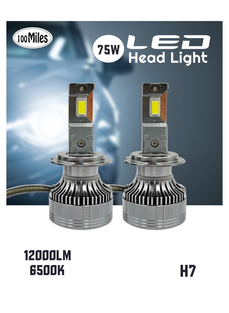 100مايلز مصباح أمامي للسيارة 100 ميل H7 LED - 75 وات طاقة عالية 12000LM 6500K مع نظام مروحة التبريد - Image 1