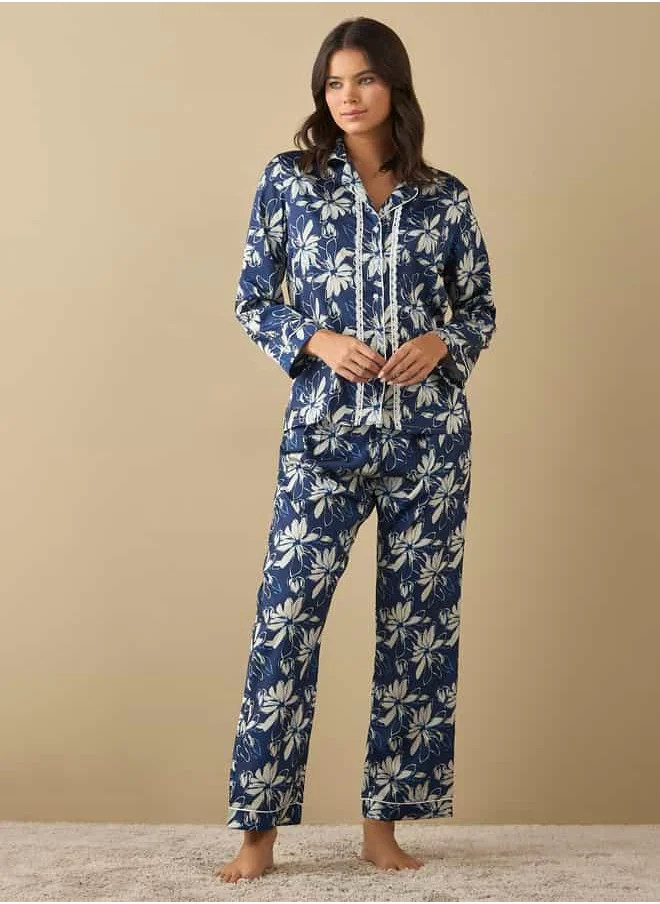 FAV All-Over Floral Print Laced Long Sleeve Shirt and Elasticated Pyjama Set