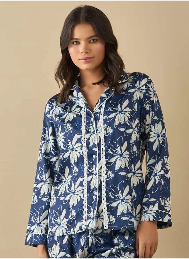 FAV All-Over Floral Print Laced Long Sleeve Shirt and Elasticated Pyjama Set