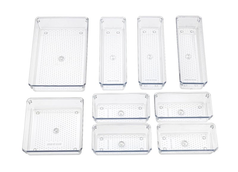 ROKTRY 9 PCS Drawer Organizer Set Clear Plastic Desk Drawer Dividers Trays Dresser Storage Bins Separation Box for Makeup, Jewelries and Gadgets, Bedroom, Bathroom, Office - Image 1