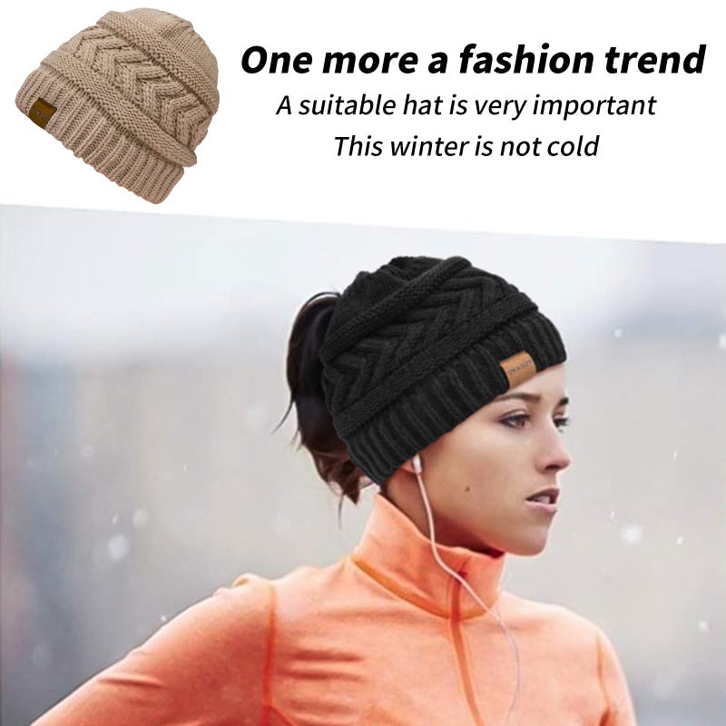 Pukavt 2 Pack Winter Hat Ponytail Beanie Hat for Women, Soft Stretch Cable Knit Messy Bun Beanie,Trendy and Warm Black with Brown - Image 5