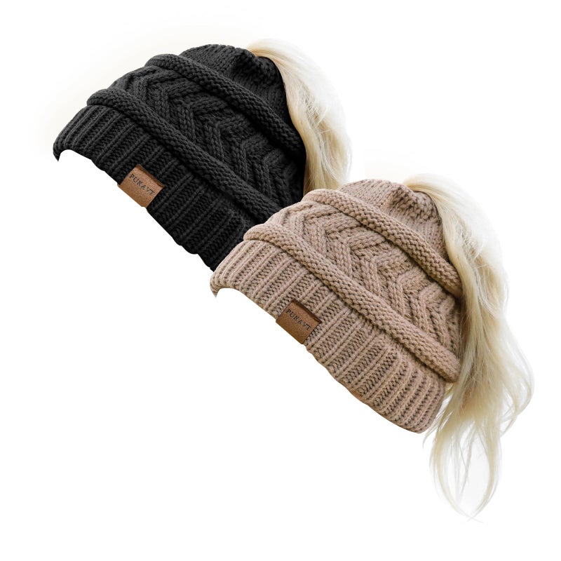 Pukavt 2 Pack Winter Hat Ponytail Beanie Hat for Women, Soft Stretch Cable Knit Messy Bun Beanie,Trendy and Warm Black with Brown - Image 1