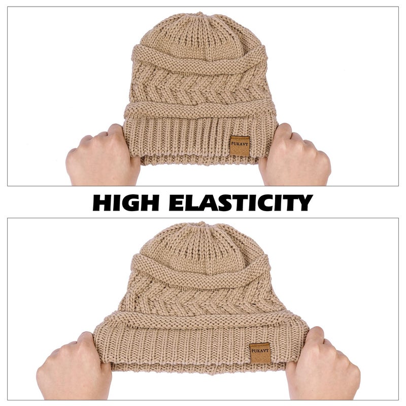 Pukavt 2 Pack Winter Hat Ponytail Beanie Hat for Women, Soft Stretch Cable Knit Messy Bun Beanie,Trendy and Warm Black with Brown - Image 2