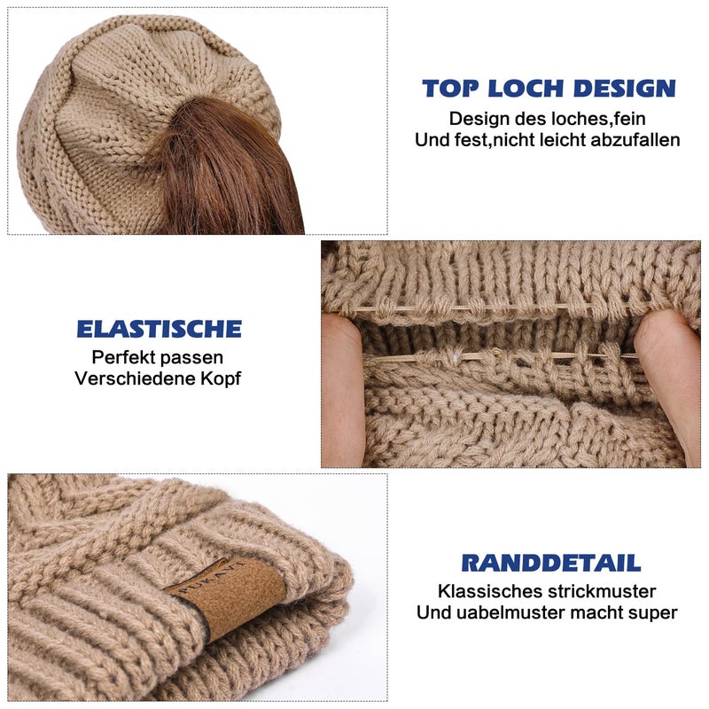 Pukavt 2 Pack Winter Hat Ponytail Beanie Hat for Women, Soft Stretch Cable Knit Messy Bun Beanie,Trendy and Warm Black with Brown - Image 3