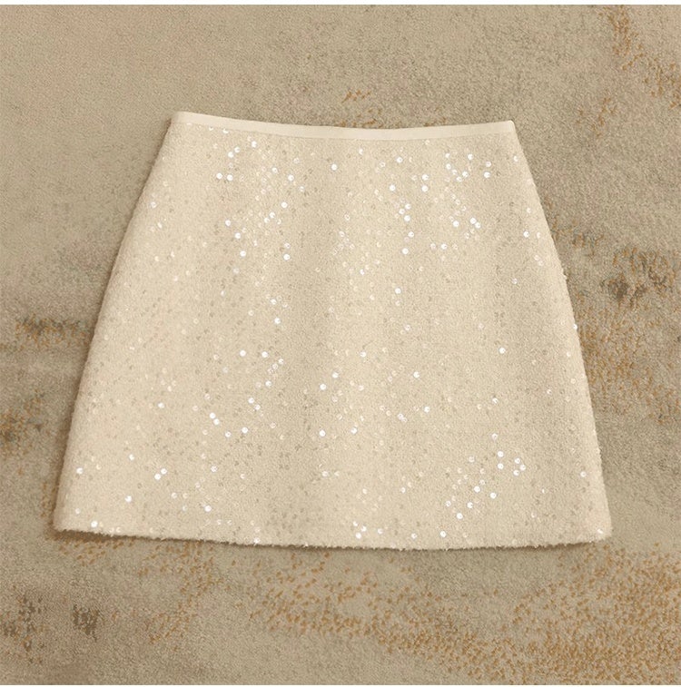 Wool woolen skirt, heavy industry sequin short skirt, coarse woolen A-line short skirt, women's high waist slimming, black pencil skirt - Image 3