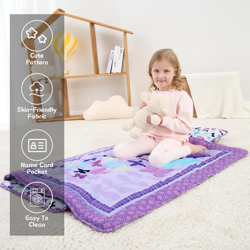 UOMNY Toddler Nap Mat Girls Kids Nap Mats with Removable Pillow and Blanket Butterfly Toddler Sleeping Bag for Preschool Daycare Purple 53x21 Inch - Image 3