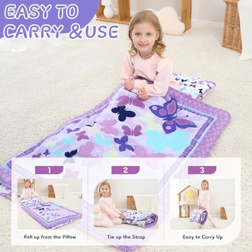 UOMNY Toddler Nap Mat Girls Kids Nap Mats with Removable Pillow and Blanket Butterfly Toddler Sleeping Bag for Preschool Daycare Purple 53x21 Inch - Image 4