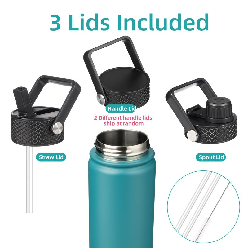 Konokyo 22oz Stainless Steel Bottles with 3 Lids Sport Insulated Water Bottle,Light Blue - Image 3