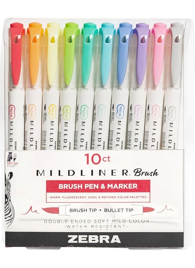 ZEBRA Pen Mildliner Double Ended Brush And Fine Tip Pen Assorted Colors 10 Count Model Number: 79101 