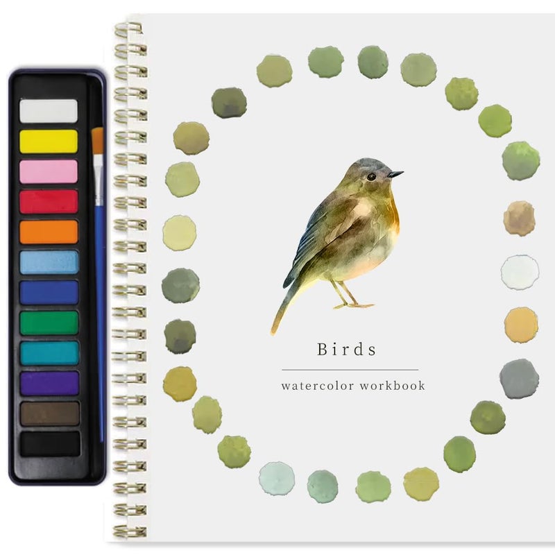 Puasyto Watercolor Workbook for Adults & Beginners: 12-Color Set with Brush (Birds1)