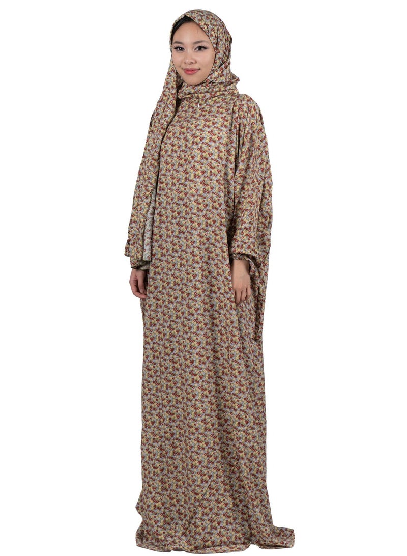 أبشر فستان صلاة بطبعة زهور، طول كامل مع شال، جلابية إسلامية من قطعة واحدة بأكمام طويلة، مقاس واحد