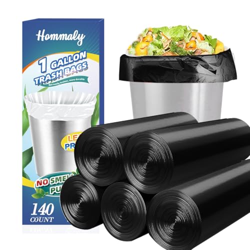 HOMMALY 1 Gallon 140 pcs (0.8-1 Gal)Small Black Trash Bags, Strong 0.8 Gallon 1 Gallon 1.2 Gallon Garbage Bags, Bathroom Trash Can Bin Liners,Mini Bags Waste Basket Liner,Fit 3,4.5 Liter, 0.8-1 Gal(1Black140) - Image 1