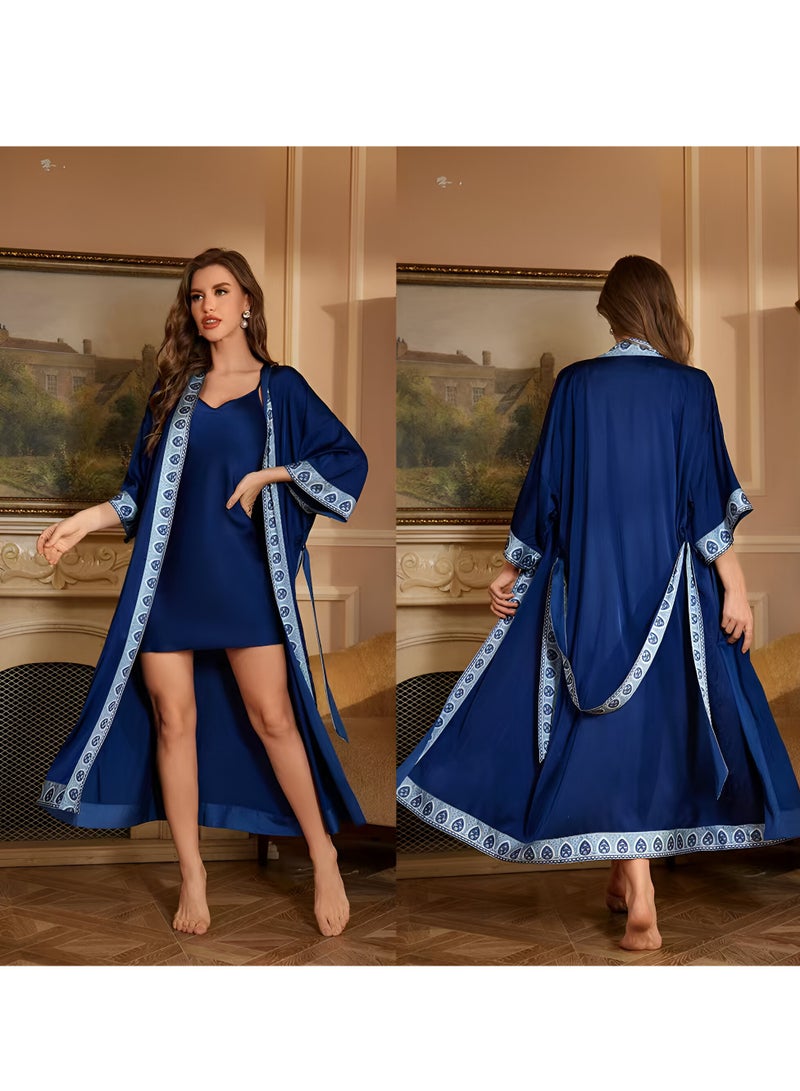 Royal blue robe and nightgown set with bohemian embroidery - Image 1
