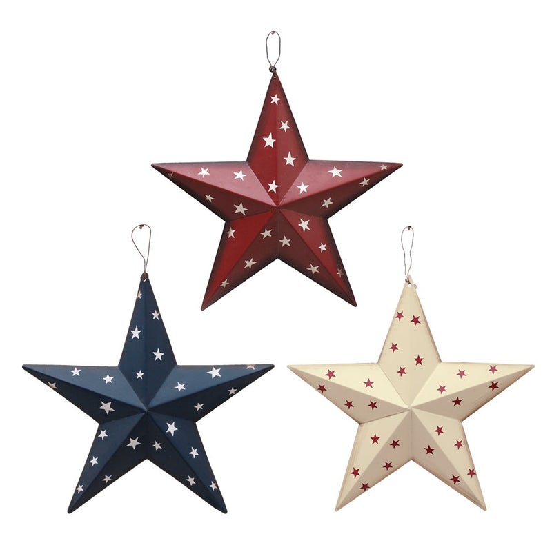 WHY Decor Metal Barn Star Set of 3 American Patriotic American Flag Wall Decoration Outdoor Indoor Hanging Wall Art 4th of July Memorial Day Veterans Day Gift for Man Star Ornament Home Decor 12A