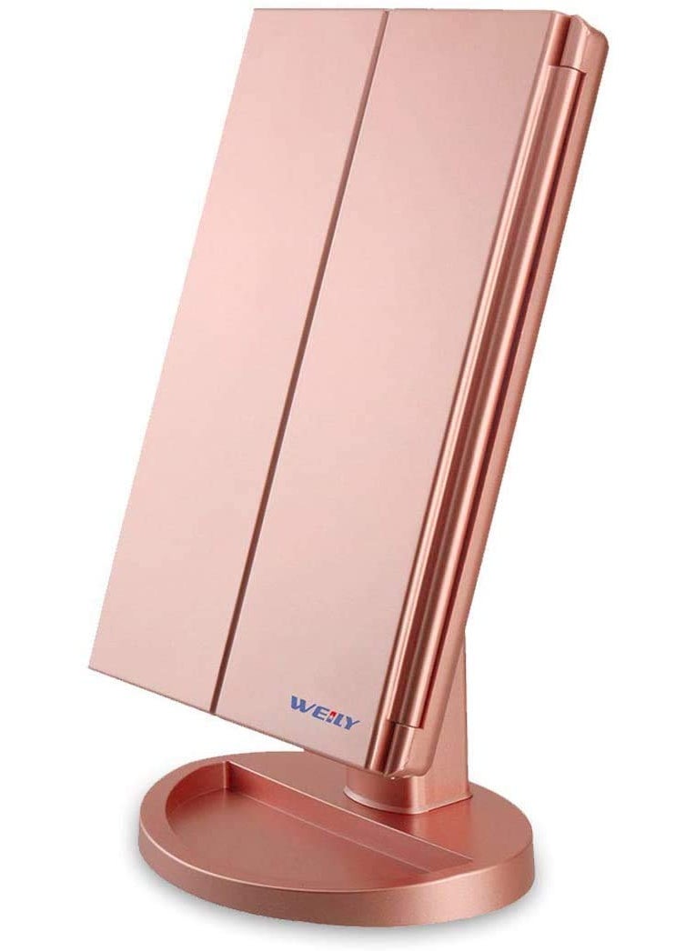 WEILY WEILY Makeup Mirror with 21 LED Lights,Two Power Supply, Touch Screen and 1x/2x/3x Magnification Tri-Fold Vanity Mirror for Makeup Desk(Rose Gold) 