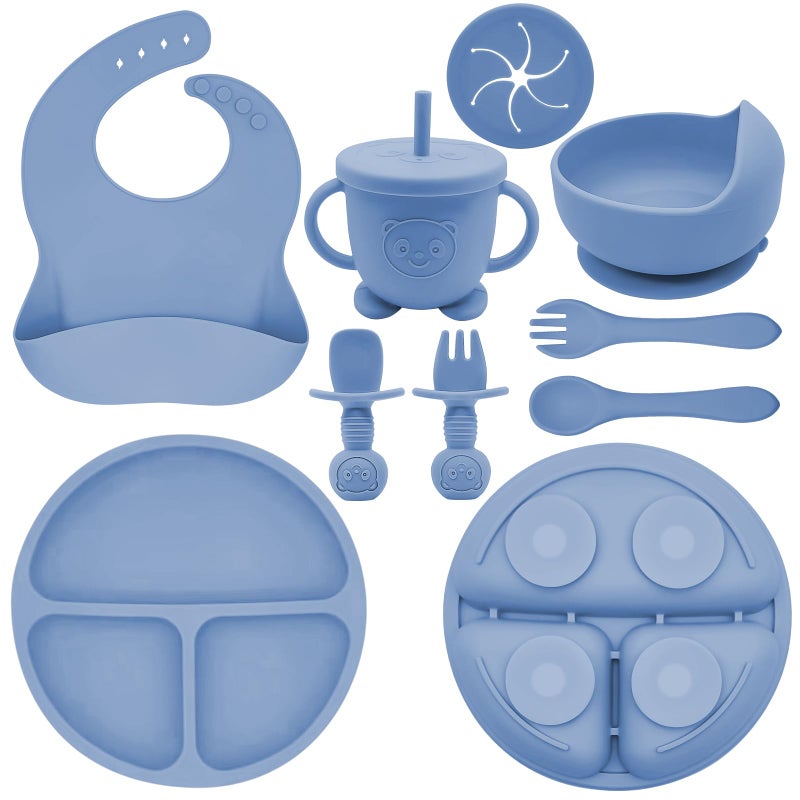 Munlinder Silicone Baby Feeding Set | Baby Led Weaning Supplies Includes Suction Bowls and Divided Plates, Adjustable Bib, Baby Utensils Spoons and Forks,Cup | Baby Feeding Essentials (Deep Blue) - Image 1