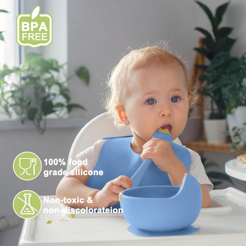 Munlinder Silicone Baby Feeding Set | Baby Led Weaning Supplies Includes Suction Bowls and Divided Plates, Adjustable Bib, Baby Utensils Spoons and Forks,Cup | Baby Feeding Essentials (Deep Blue) - Image 2