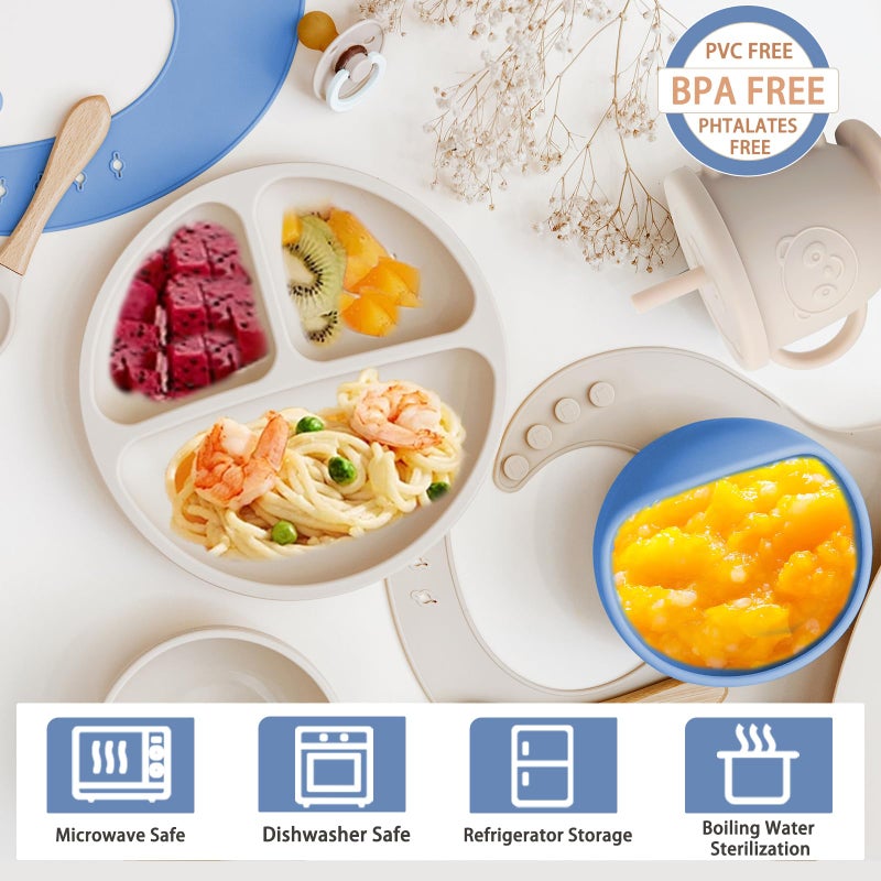 Munlinder Silicone Baby Feeding Set | Baby Led Weaning Supplies Includes Suction Bowls and Divided Plates, Adjustable Bib, Baby Utensils Spoons and Forks,Cup | Baby Feeding Essentials (Deep Blue) - Image 3
