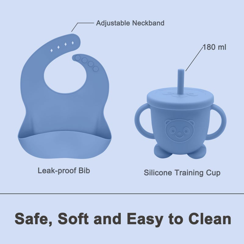 Munlinder Silicone Baby Feeding Set | Baby Led Weaning Supplies Includes Suction Bowls and Divided Plates, Adjustable Bib, Baby Utensils Spoons and Forks,Cup | Baby Feeding Essentials (Deep Blue) - Image 4