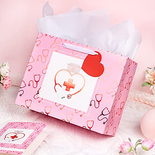 LeZakaa Nurse Graduation Gift Bag with Tissue Paper, Heart Gift Tag, 13" Pink Gift Bag with Nurse Cap & Stethoscope Design, for Nurses Day, for Medical School Graduates Healthcare Workers - Image 5