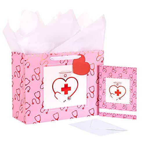 LeZakaa Nurse Graduation Gift Bag with Tissue Paper, Heart Gift Tag, 13" Pink Gift Bag with Nurse Cap & Stethoscope Design, for Nurses Day, for Medical School Graduates Healthcare Workers - Image 1