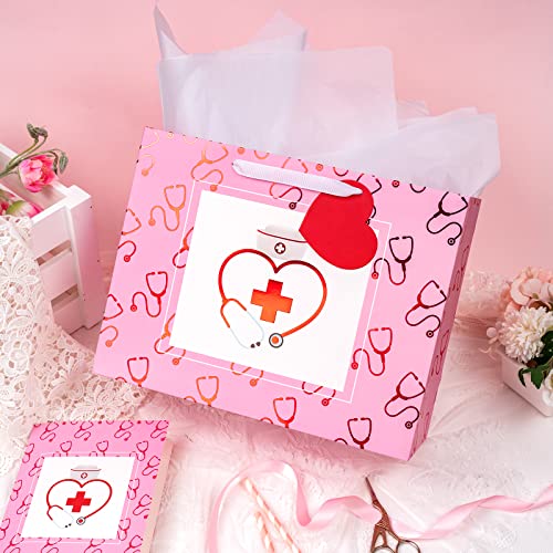 LeZakaa Nurse Graduation Gift Bag with Tissue Paper, Heart Gift Tag, 13" Pink Gift Bag with Nurse Cap & Stethoscope Design, for Nurses Day, for Medical School Graduates Healthcare Workers - Image 3