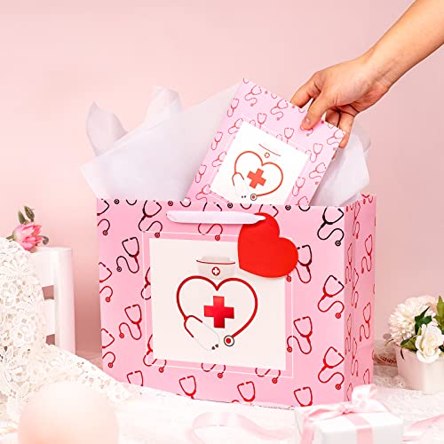 LeZakaa Nurse Graduation Gift Bag with Tissue Paper, Heart Gift Tag, 13" Pink Gift Bag with Nurse Cap & Stethoscope Design, for Nurses Day, for Medical School Graduates Healthcare Workers - Image 2