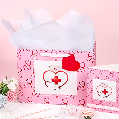 LeZakaa Nurse Graduation Gift Bag with Tissue Paper, Heart Gift Tag, 13" Pink Gift Bag with Nurse Cap & Stethoscope Design, for Nurses Day, for Medical School Graduates Healthcare Workers - Image 4