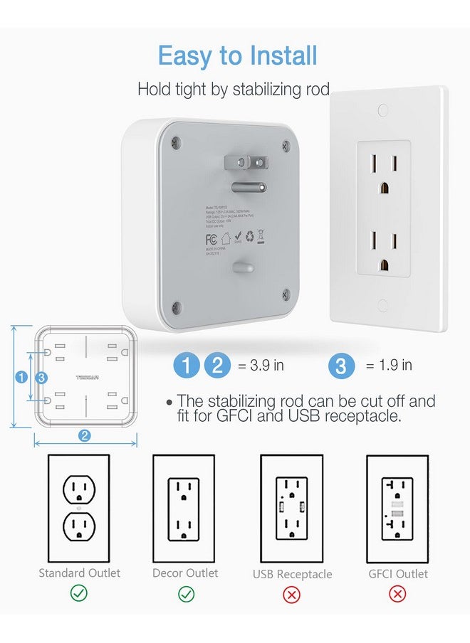 TESSAN - Multi Plug Outlet Extender with USB, TESSAN Surge Protector Splitter 3 USB Wall Charger, Multiple Expander for Travel, Home, College Dorm Room - Image 1