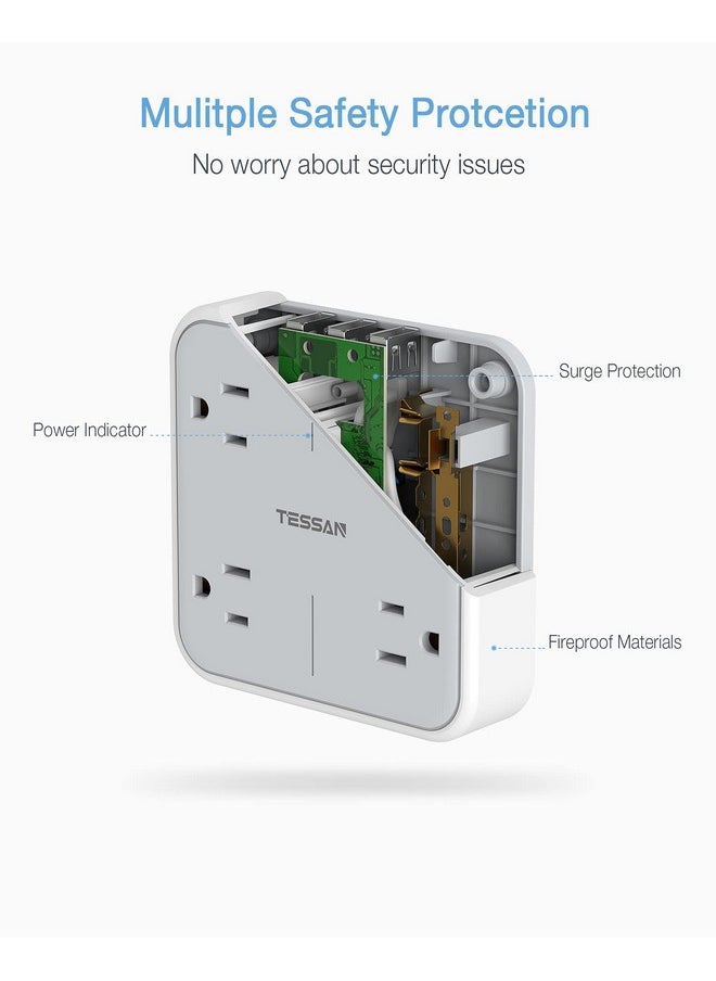 TESSAN - Multi Plug Outlet Extender with USB, TESSAN Surge Protector Splitter 3 USB Wall Charger, Multiple Expander for Travel, Home, College Dorm Room - Image 1