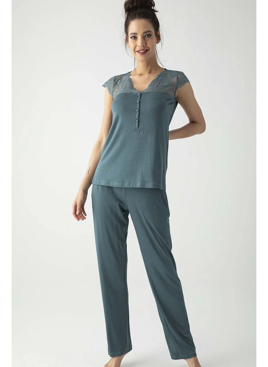 Monamise 19303 Women's Short Sleeve Pajamas Set-Green