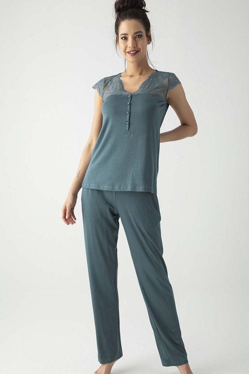 Monamise 19303 Women's Short Sleeve Pajamas Set-Green 