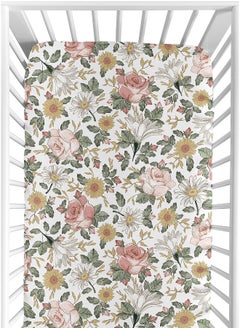 Sweet Jojo Designs Vintage Floral Boho Girl Fitted Crib Sheet Baby or Toddler Bed Nursery - Blush Pink, Yellow, Green and White Shabby Chic Rose Flower Farmhouse  - Image 1