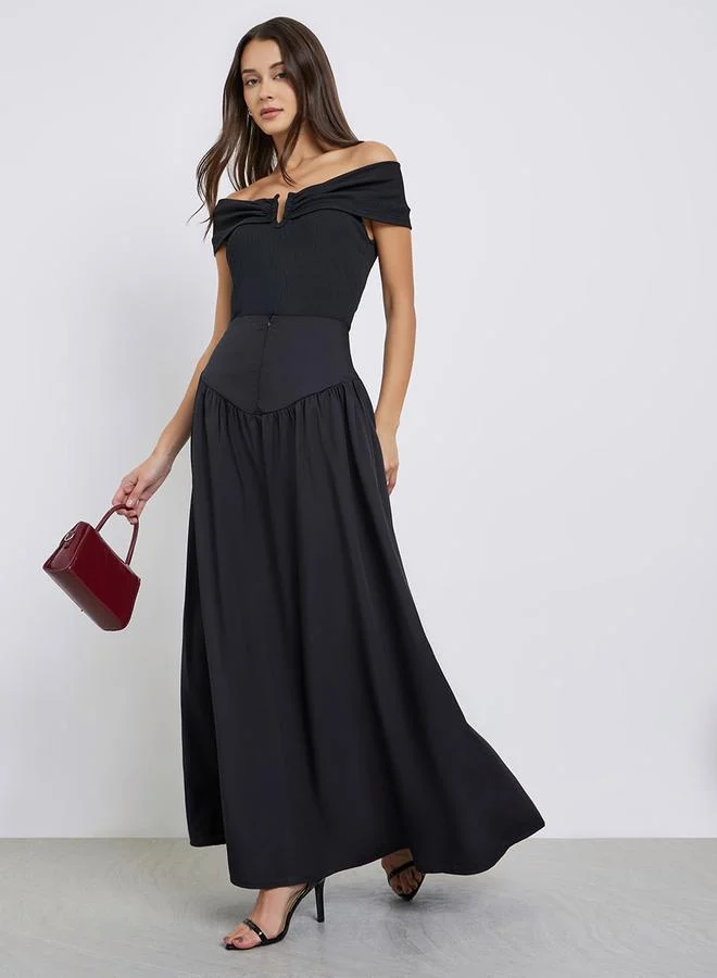 Black Wide Waistband A-Line Maxi Skirt