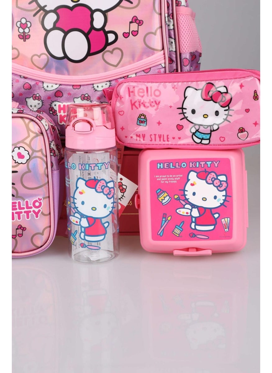Hello Kitty مجموعة خاصة متلألئة مرخصة من عالم جديدة، حقيبة المدرسة والغداء وقلم، مجموعة صندوق الغداء مع زجاجة ماء  - Image 3