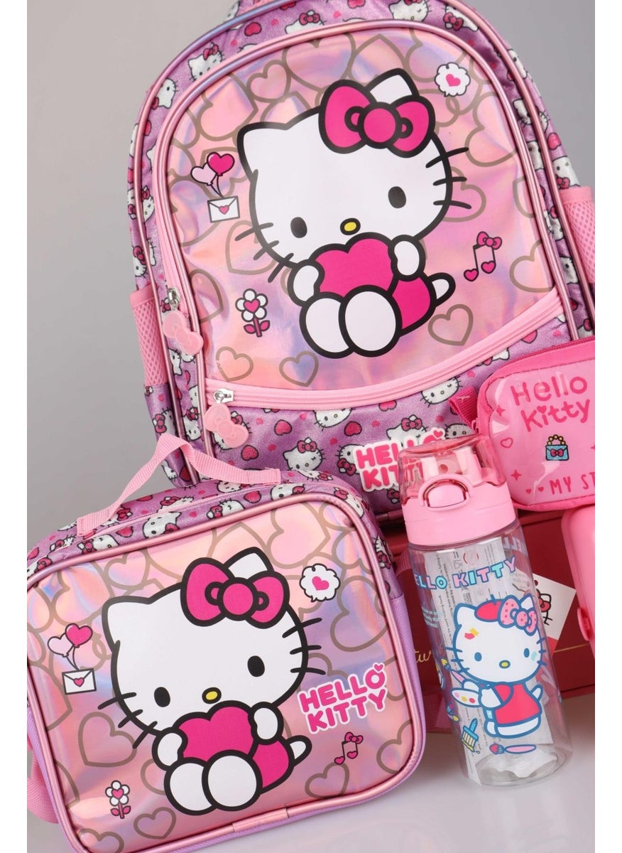 Hello Kitty مجموعة خاصة متلألئة مرخصة من عالم جديدة، حقيبة المدرسة والغداء وقلم، مجموعة صندوق الغداء مع زجاجة ماء  - Image 5