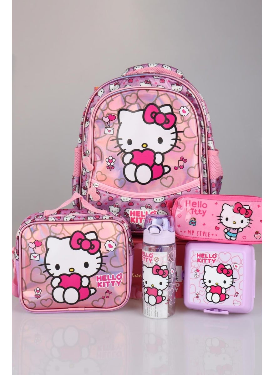 Hello Kitty مجموعة خاصة متلألئة مرخصة من عالم جديدة، حقيبة المدرسة والغداء وقلم، مجموعة صندوق الغداء مع زجاجة ماء  - Image 1