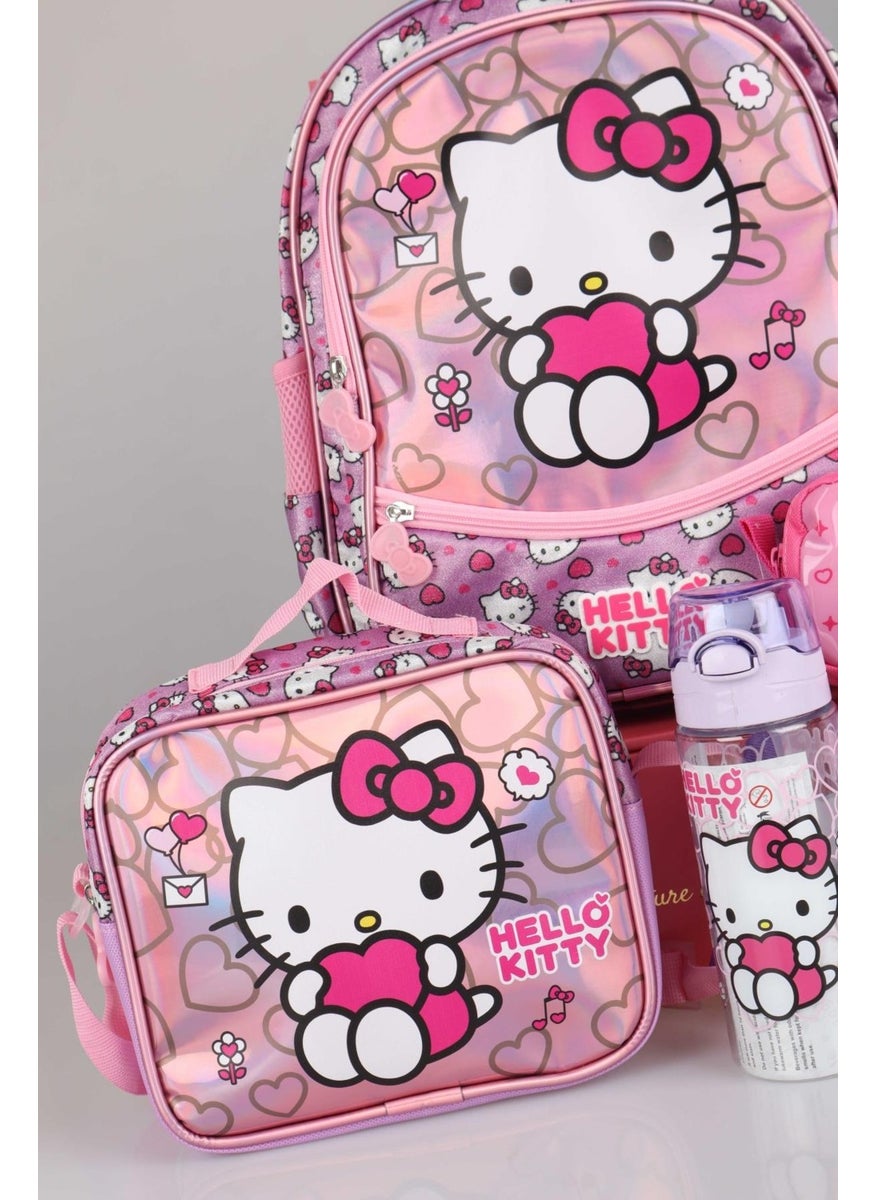 Hello Kitty مجموعة خاصة متلألئة مرخصة من عالم جديدة، حقيبة المدرسة والغداء وقلم، مجموعة صندوق الغداء مع زجاجة ماء  - Image 2