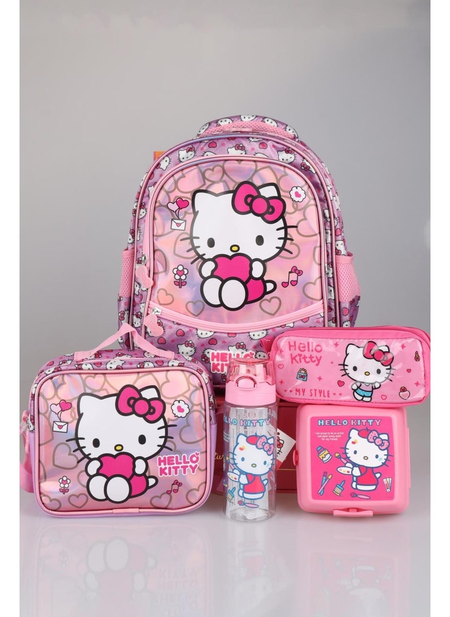 Hello Kitty مجموعة خاصة متلألئة مرخصة من عالم جديدة، حقيبة المدرسة والغداء وقلم، مجموعة صندوق الغداء مع زجاجة ماء  - Image 4