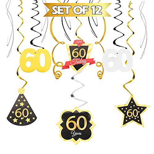 LINGTEER Happy 60th Birthday Decorations Set 12Pcs Black Gold Swirls StreamerHappy Birthday Bunting BannerCheers to Sixty Years Old Bday Party Decorations Gift Sign - Image 1