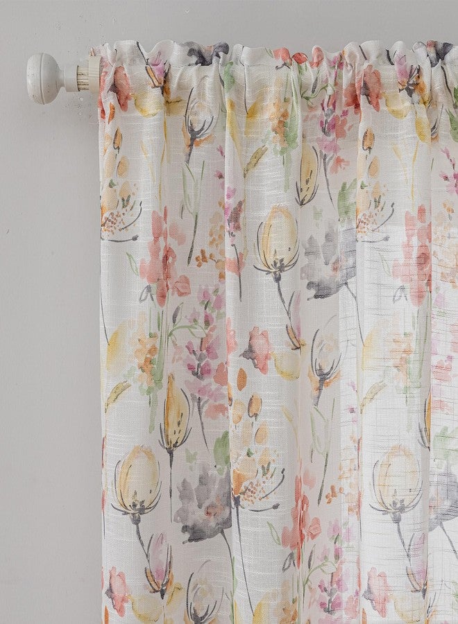 SUOUO Watercolor Floral Semi Sheer Curtains for Living Room Linen Textured Light Filtering Pink Red Lotus Flowers Bedroom Dining 84 inches Long 2 Panels Rod Pocket - Image 3