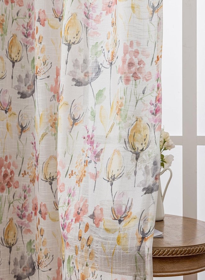 SUOUO Watercolor Floral Semi Sheer Curtains for Living Room Linen Textured Light Filtering Pink Red Lotus Flowers Bedroom Dining 84 inches Long 2 Panels Rod Pocket - Image 1