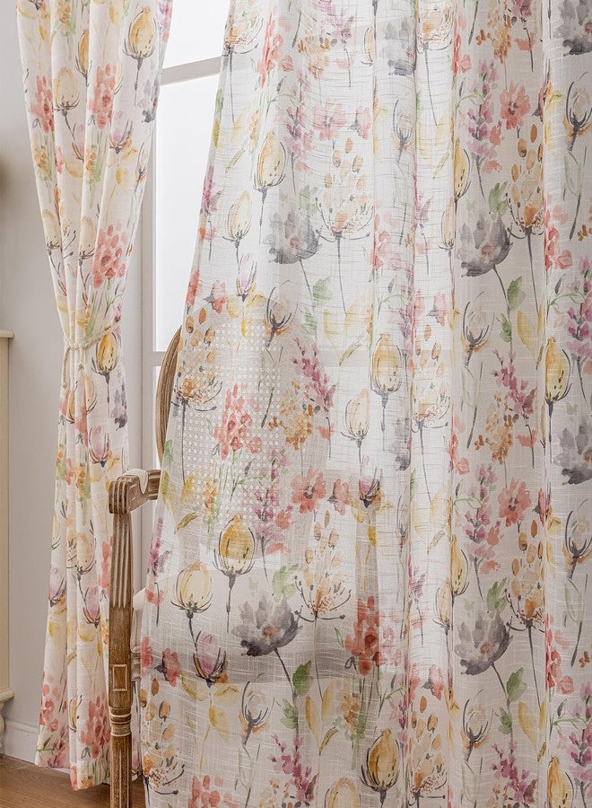 SUOUO Watercolor Floral Semi Sheer Curtains for Living Room Linen Textured Light Filtering Pink Red Lotus Flowers Bedroom Dining 84 inches Long 2 Panels Rod Pocket - Image 4