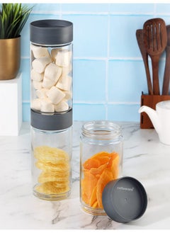 Cello CELLO Modustack Glassy Storage Jar | Glass Jar with Lid | Air Tight Steel Lid and Stackable | For Storage of Food, Pulses, Spice, Cereals, Cookies, Dry Food | Set of 3 | 1000ml, Grey  - Image 1