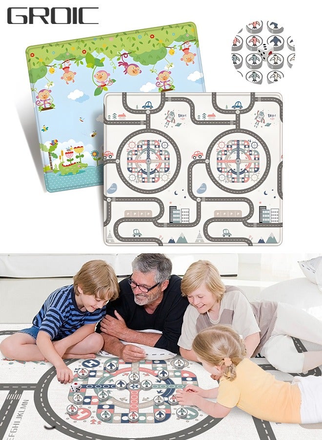 GROIC Baby Play Mat for Floor Play 200 * 180 CM Floor Mat Reversible, Foldable, Portable Extra Large Thick Foam Waterproof Crawling Mat for Toddlers Cartoon Pattern & Flying Chess Double-Side - Image 1