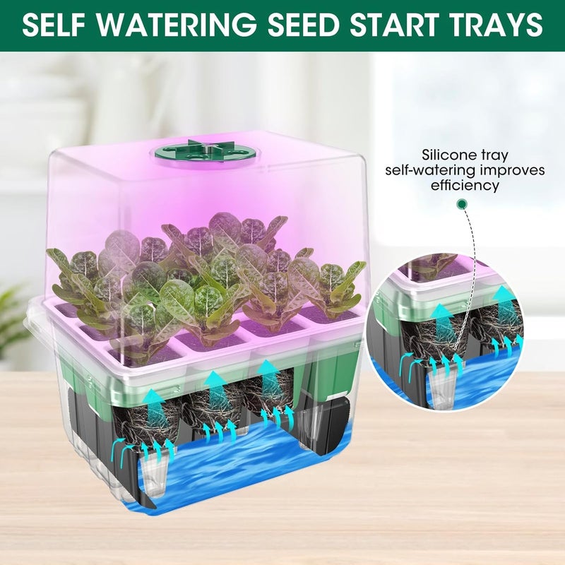 MQHUAYU Self Watering Seed Starter Tray with Grow Light, 10-Pack 120-Cell Reusable Seed Starter Kit with Soft Silicone, Plant Germination Trays with Humidity Dome for Seeding Planting Growing - Image 3
