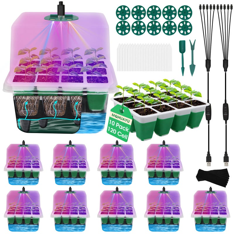 MQHUAYU Self Watering Seed Starter Tray with Grow Light, 10-Pack 120-Cell Reusable Seed Starter Kit with Soft Silicone, Plant Germination Trays with Humidity Dome for Seeding Planting Growing - Image 1