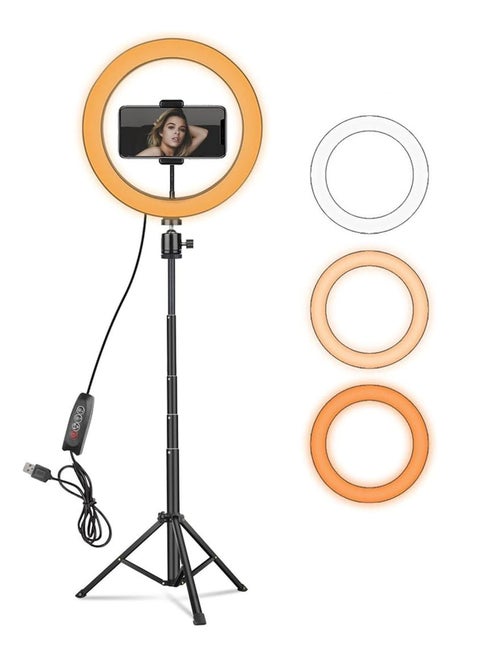 Adjustable Ring Light with Tripod Stand and Phone Holder – 3 Light Modes & 10 Brightness Levels for Selfies and YouTube Videos